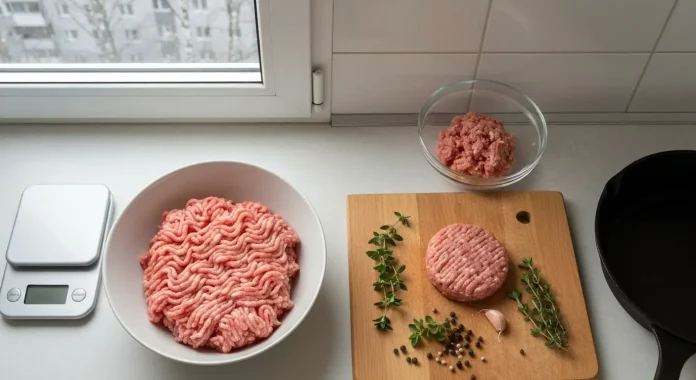 Kalorie mielony indyk - bialko, tluszcz i porcja Miska surowego mielonego indyka na jasnym blacie kuchennym, obok waga kuchenna, deska z uformowanym kotletem i przyprawy