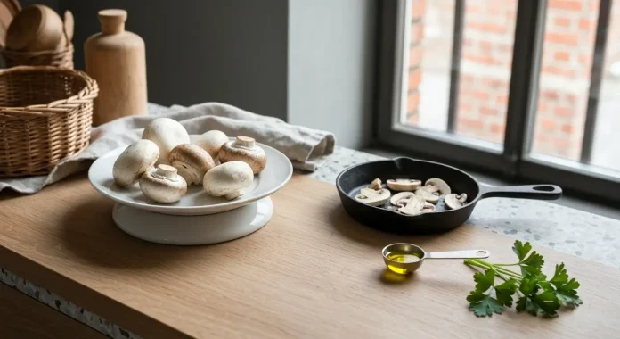 Kalorie pieczarki - tabela kcal na 100 g i porcje Swieze pieczarki biale i brazowe na wadze kuchennej obok patelni z podsmazanymi pieczarkami