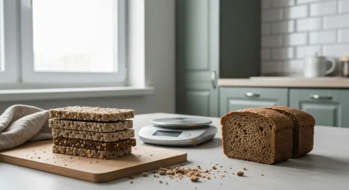 Kalorie pieczywo chrupkie - bialko, tluszcz i porcja Stos kromek pieczywa chrupkiego na brzozowej desce obok wagi kuchennej i kromki ciemnego chleba żytniego