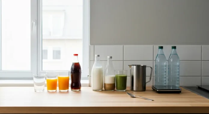 Kalorie plynne - co oznacza w tabeli wartosci Szklanki i butelki z sokiem, cola, mlekiem i smoothie na jasnym blacie kuchennym obok wagi i miarki