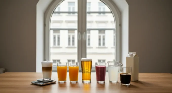 Kalorie plynne przy redukcji - jak unikac bledow Rzad szklanek z kawa mleczna, sokiem, piwem i smoothie na kuchennym stole obok wagi i miarki