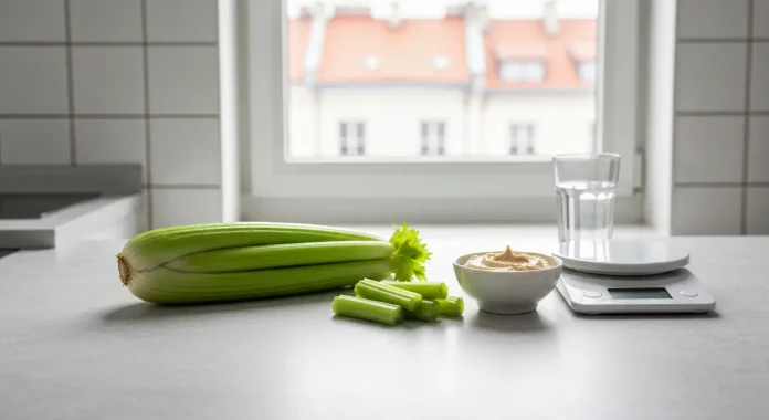 Kalorie seler naciowy - tabela kcal na 100 g i porcje Swieze lodygi selera naciowego pokrojone w slupki obok miseczki hummusu i wagi kuchennej na jasnym blacie